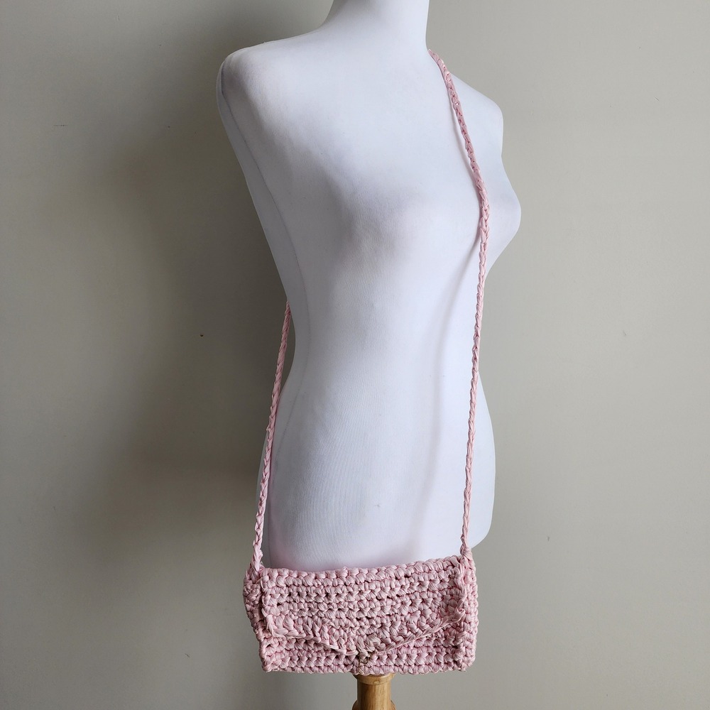 Crochet Shoulder Bag Pink Handcrafted Knit Envelope Crossbody Boho Coquette 80s - Picture 3 of 14